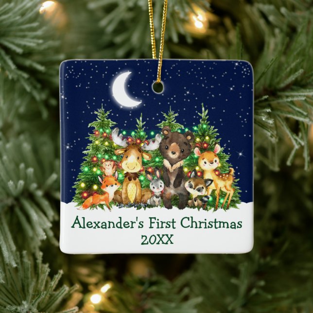 Baby First Christmas Forest Animals Lights Green Ceramic Ornament (Tree)
