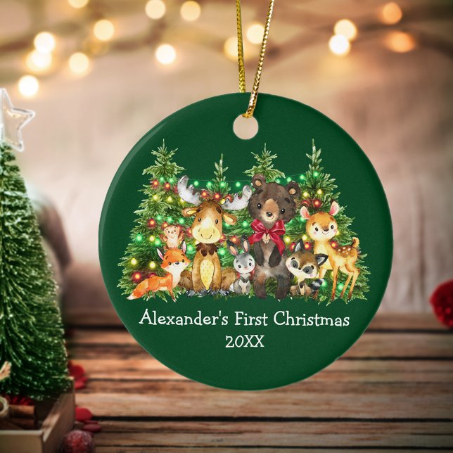 Baby First Christmas Forest Animals Lights Red Bow Ceramic Ornament (Customize with name and year.)