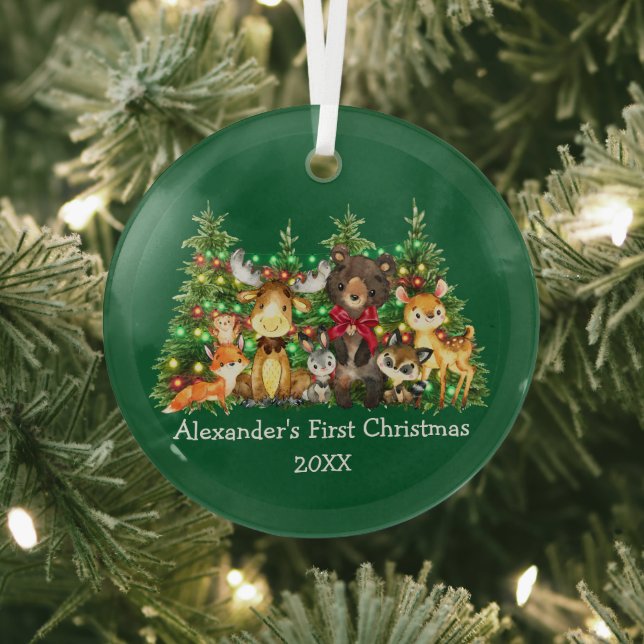 Baby First Christmas Forest Animals Lights Red Bow Glass Ornament (Insitu)