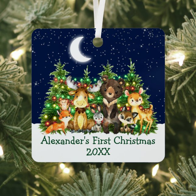 Baby First Christmas Forest Animals Lights Sky Metal Ornament (Insitu)