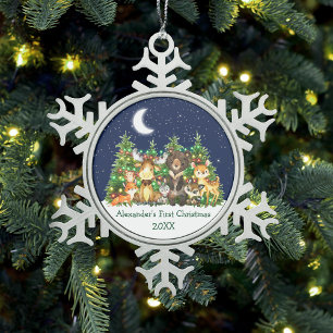Baby First Christmas Forest Animals Lights Sky Snowflake Pewter Christmas Ornament