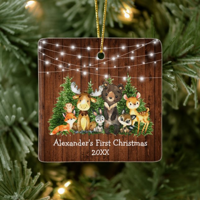 Baby First Christmas Forest Animals Lights Square Ceramic Ornament (Tree)