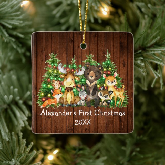 Baby First Christmas Forest Animals Lights Trees Ceramic Ornament (Tree)