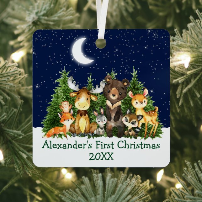 Baby First Christmas Forest Animals Moon Sky Metal Ornament (Insitu)
