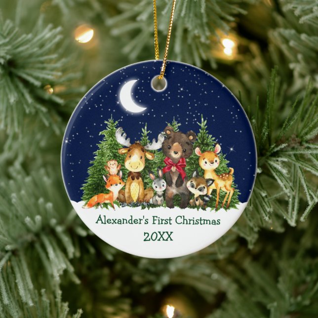 Baby First Christmas Forest Animals Red Bow Ceramic Ornament (Tree)