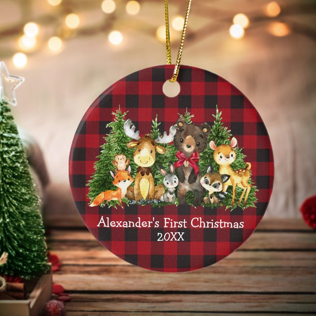 Baby First Christmas Forest Animals Red Bow Plaid Ceramic Ornament (Customize with name and year.)