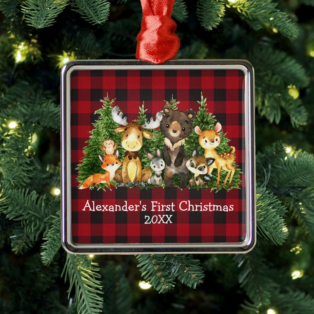 Baby First Christmas Forest Animals Red Plaid Metal Ornament (Customize to change text size or text style.)