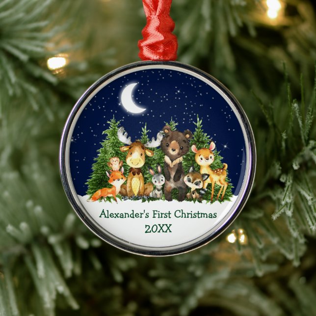 Baby First Christmas Forest Animals Round Metal Ornament (Tree)