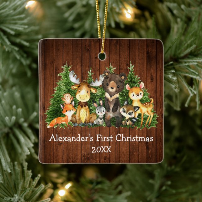Baby First Christmas Forest Animals Rustic Ceramic Ornament (Tree)