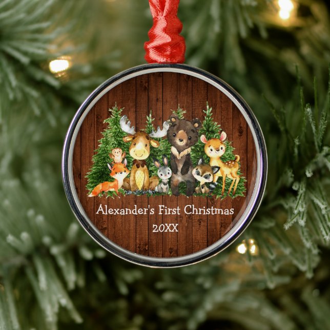 Baby First Christmas Forest Animals Rustic Round Metal Ornament (Tree)