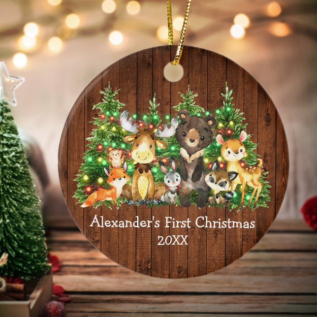 Baby First Christmas Forest Animals Trees Lights Ceramic Ornament (Customize with name and year.)