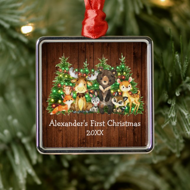 Baby First Christmas Forest Animals Trees Lights Metal Ornament (Tree)