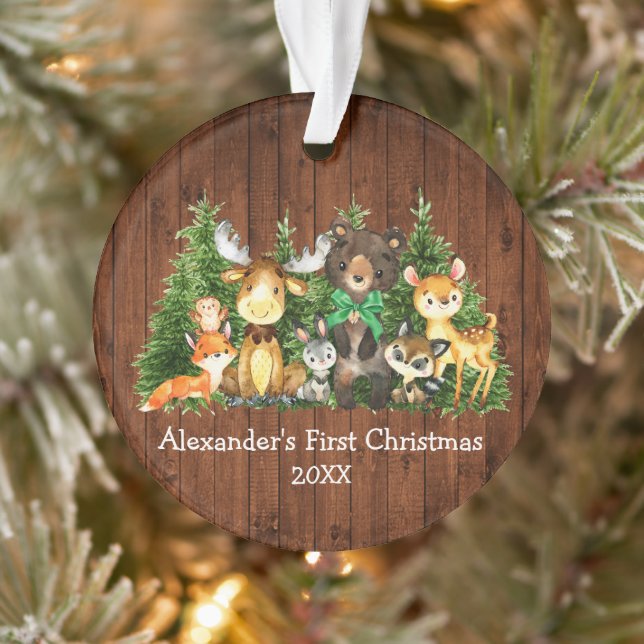 Baby First Christmas Forest Animals Wood Green Bow Ornament (Tree)