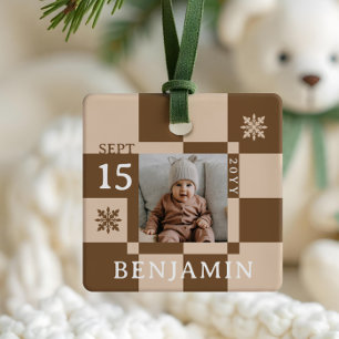 Baby First Christmas Fun Retro Chequerboard Photo Ceramic Ornament