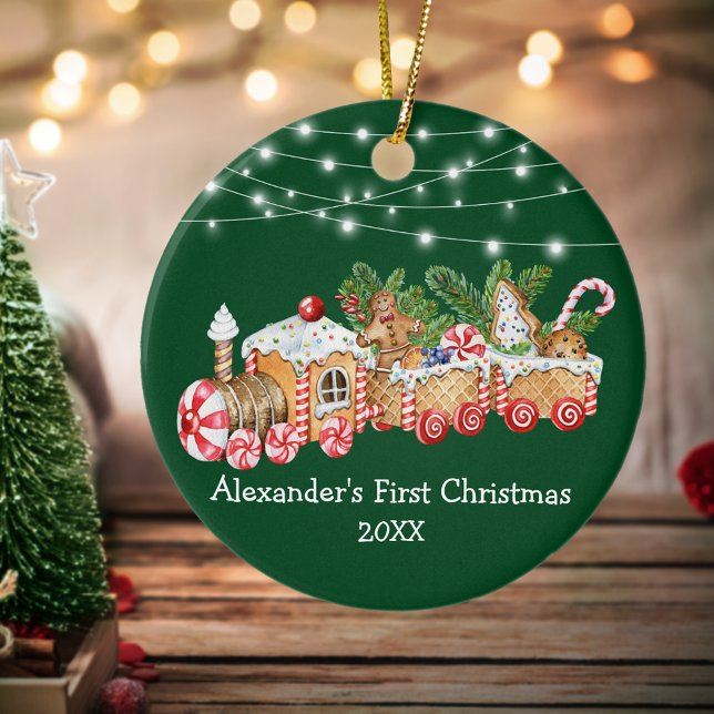 Baby First Christmas Gingerbread Train Lights Ceramic Ornament (Customize with name and year.)
