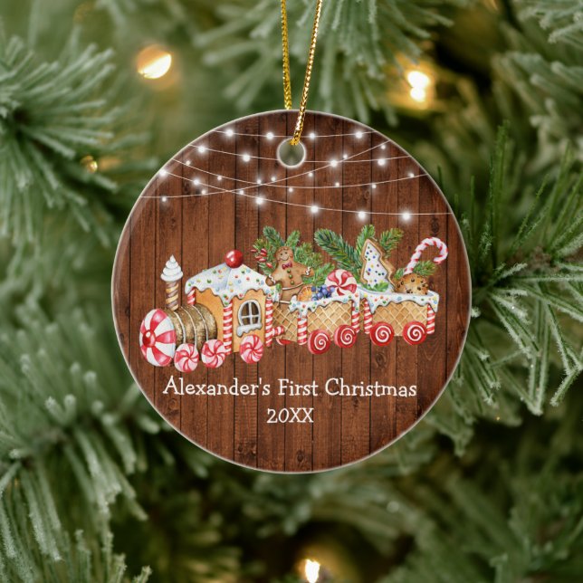 Baby First Christmas Gingerbread Train Wood Lights Ceramic Ornament (Tree)