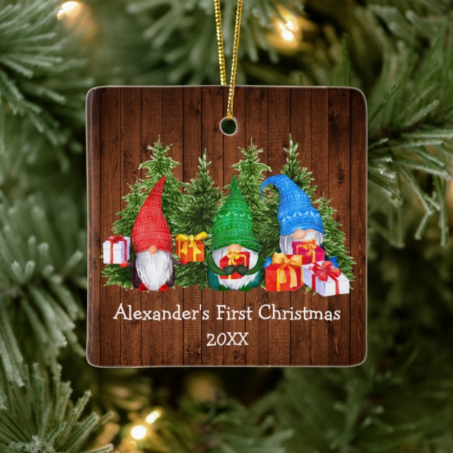 Baby First Christmas Gnomes Rustic Square Ceramic Ornament (Tree)