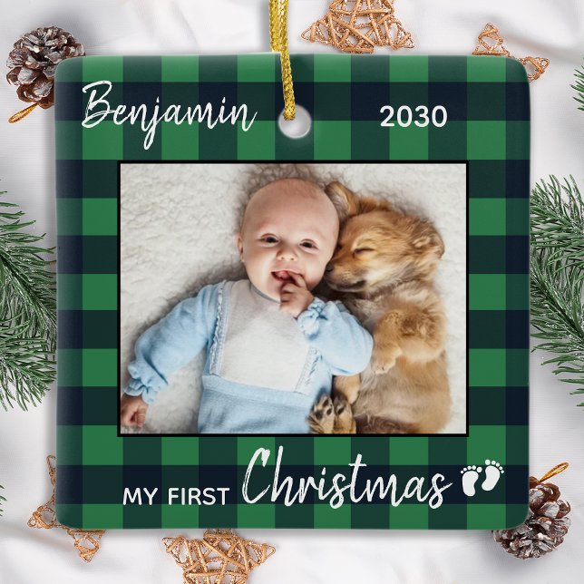 Baby First Christmas Green Buffalo Plaid Photo Ceramic Ornament (Creator Uploaded)