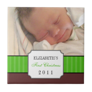 Baby first christmas green ribbon stripe keepsake tile