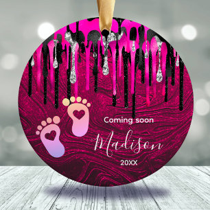 Baby first Christmas hot pink black glitter drip Ceramic Ornament