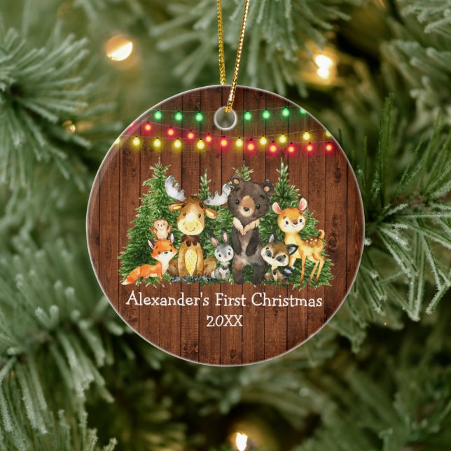 Baby First Christmas Lights Forest Animals Rustic Ceramic Ornament (Tree)