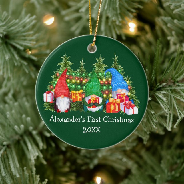 Baby First Christmas Lights Gnomes Green Ceramic Ornament (Tree)