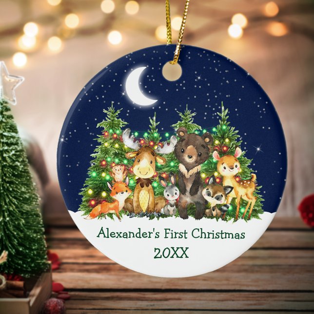 Baby First Christmas Lights Sky Forest Animals Ceramic Ornament (Customize with name and year.)
