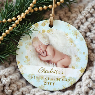 Baby First Christmas Magical Gold Snowflakes Photo