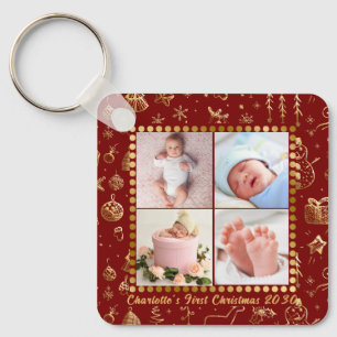 Baby First Christmas Magical Gold Snowflakes Photo Keychain