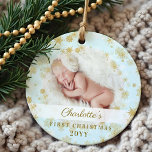 Baby First Christmas Magical Gold Snowflakes Photo Ornament<br><div class="desc">Magical gold snowflake border baby's first Christmas photo keepsake ornament. Gold and light blue baby's first Christmas keepsake ornament can be customized with the baby's name,  the year,  and one photo on the front and one on the back.</div>