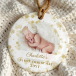 Baby First Christmas Magical Gold Snowflakes Photo Ornament<br><div class="desc">Magical gold snowflake border baby's first Christmas photo keepsake ornament. Baby's first Christmas keepsake ornament can be customized with the baby's name,  the year,  and one photo on the front and one on the back.</div>