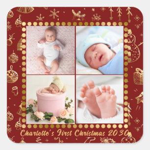 Baby First Christmas Magical Gold Snowflakes Photo Square Sticker