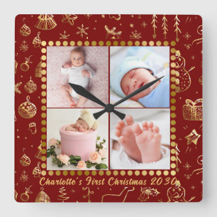 Baby First Christmas Magical Gold Snowflakes Photo Square Wall Clock