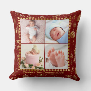 Baby First Christmas Magical Gold Snowflakes Photo Throw Pillow