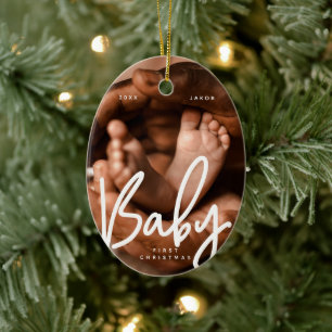 Baby First Christmas Modern Elegant Chic Photo Ceramic Ornament