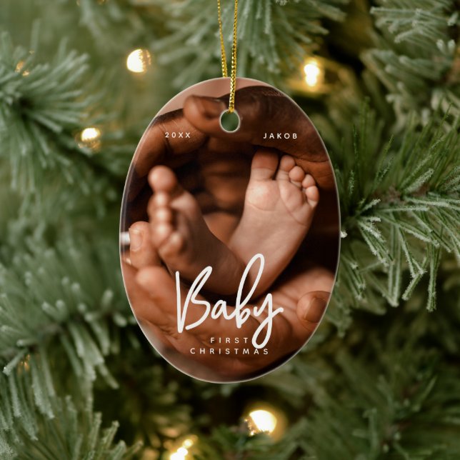 Baby First Christmas Modern Elegant Chic Photo Ceramic Ornament (Tree)