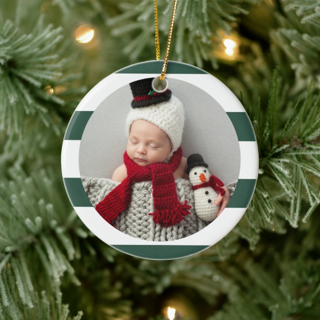 Baby First Christmas Modern Green Stripes Photo Ceramic Ornament (Tree)