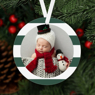 Baby First Christmas Modern Green Stripes Photo Ornament