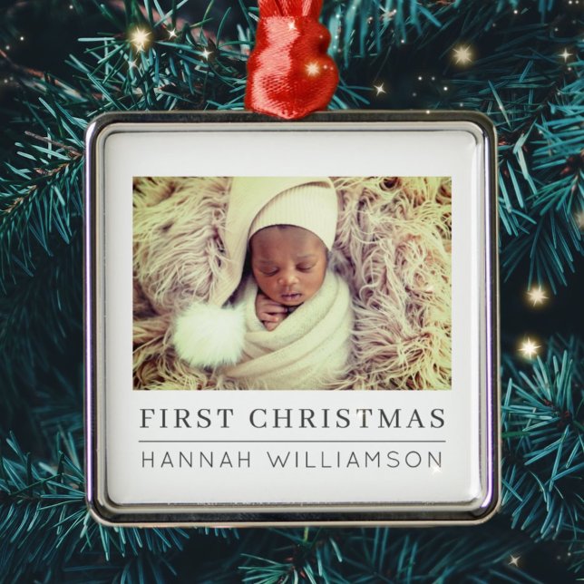 Baby First Christmas Modern Minimalist Photo Metal Ornament (Creator Uploaded)