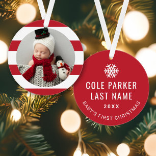 Baby First Christmas Modern Red Stripes Photo Ornament