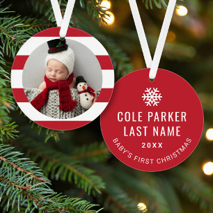 Baby First Christmas Modern Red Stripes Photo Ornament