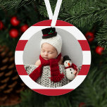 Baby First Christmas Modern Red Stripes Photo Ornament<br><div class="desc">This stylish two-sided holiday photo keepsake ornament features a newborn photo framed by a rich red and white striped background pattern. The back of the ornament includes "My First Christmas" wording with snowflake accent and custom text for the baby's full name and the year.</div>