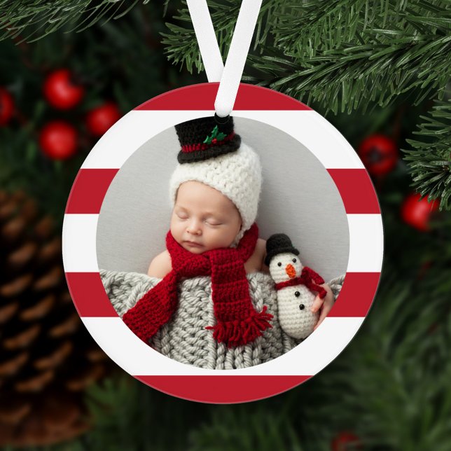 Baby First Christmas Modern Red Stripes Photo Ornament (Creator Uploaded)