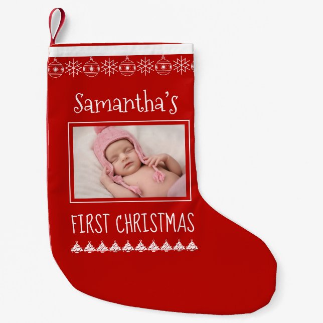 Baby First Christmas Name Photo Ornaments Small Christmas Stocking (Front)