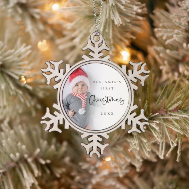 Baby First Christmas Name Year Photo Keepsake Snowflake Pewter Christmas Ornament (Tree)