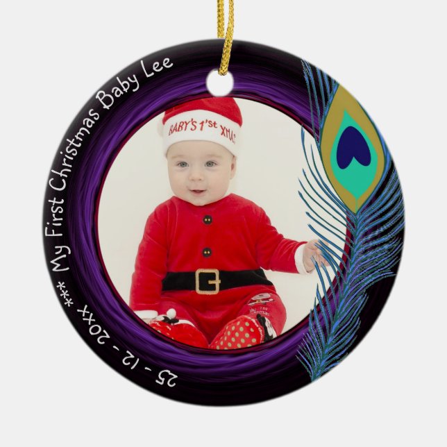 Baby First Christmas Peacock Ornament PHOTO Named (Front)