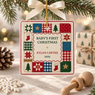 Baby First Christmas Personalized Patchwork Quilt Ceramic Ornament