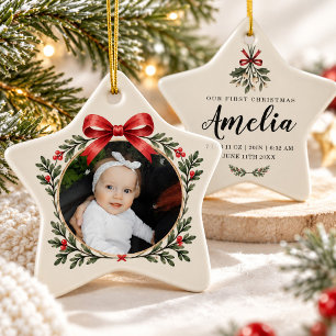 Baby First Christmas Photo Birth Stats Red Bow Ceramic Ornament