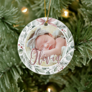 Baby First Christmas Photo Dusty Rose & Greenery Ceramic Ornament