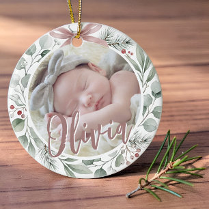 Baby First Christmas Photo Dusty Rose & Greenery Ceramic Ornament